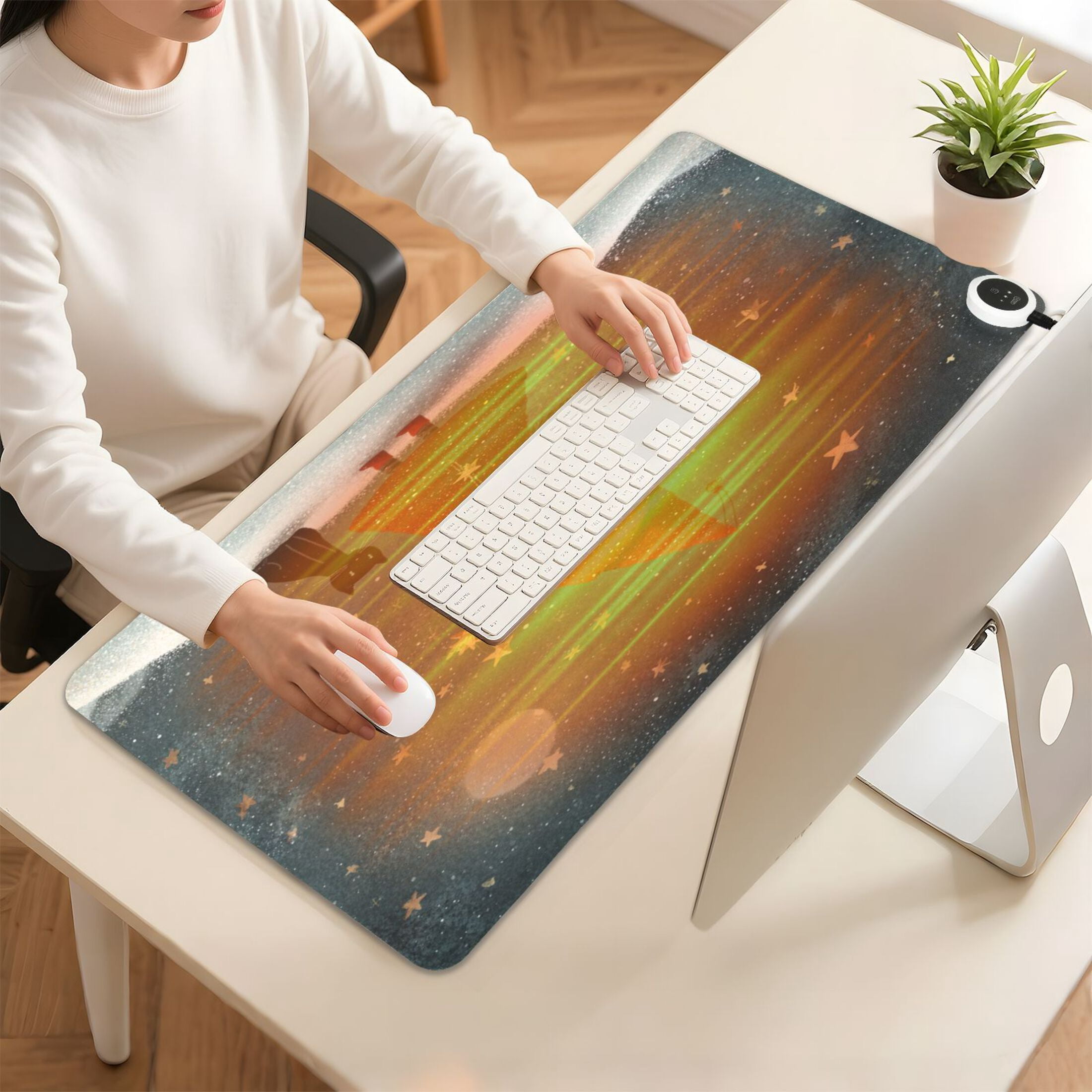 Large Heated Desk Mat Mouse Pad 31.5"x13"PU Leather Graphene Heating Desk Warmer with 3 Temperature Settings 110V US Plug Non-Slip Warm Pad for Home, Office, and Gaming Red Hat and Black Cat