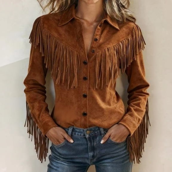 Womens Fringe Western Cowgirl Shirts Vintage Long Sleeve Button Down Tops Slim Country Concert Jacket,S