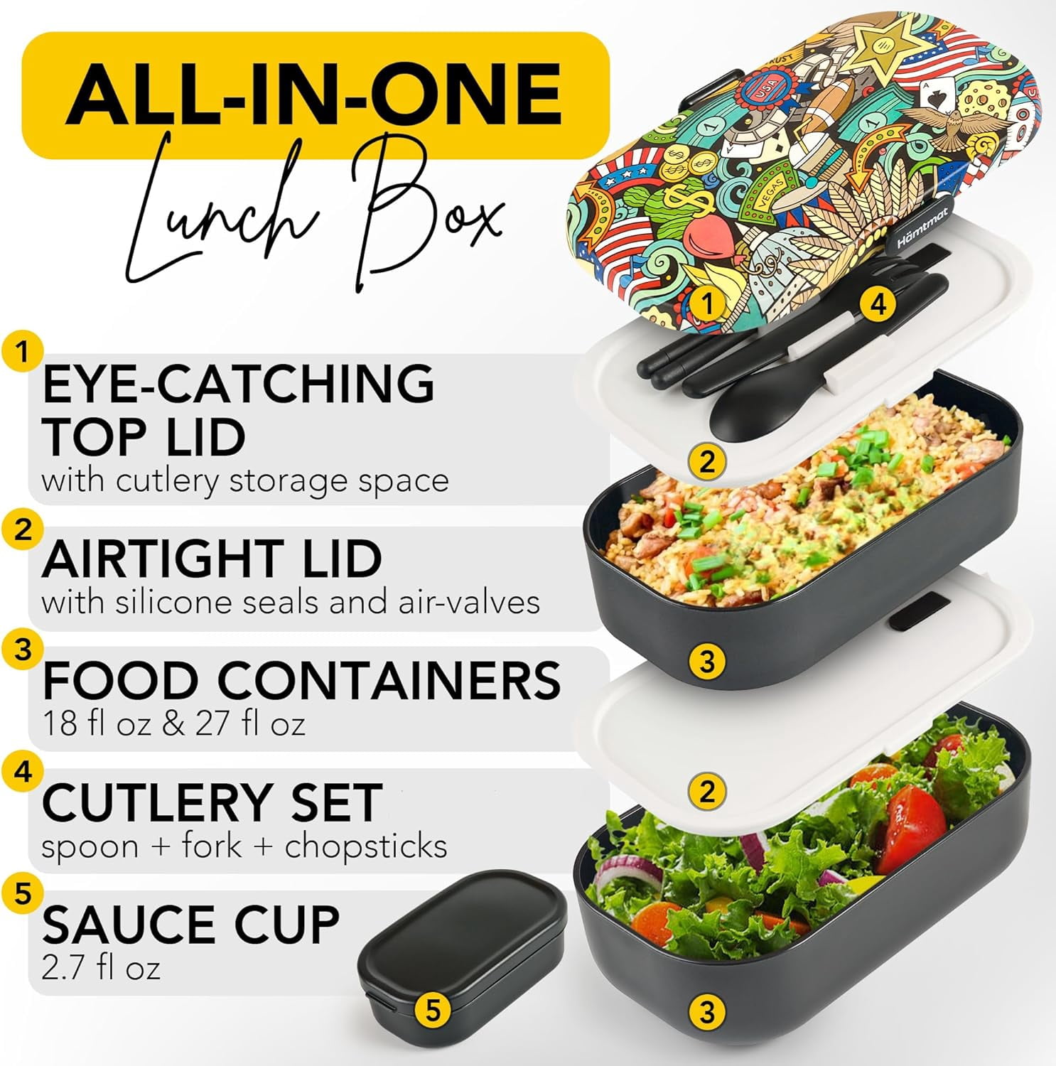 Insulated Stackable Bento Box for Adults - Leak-Proof, Microwavable Japanese Lunch Box with Reusable Chopsticks, Multi-Compartment Food Container for Men & Women (Black)