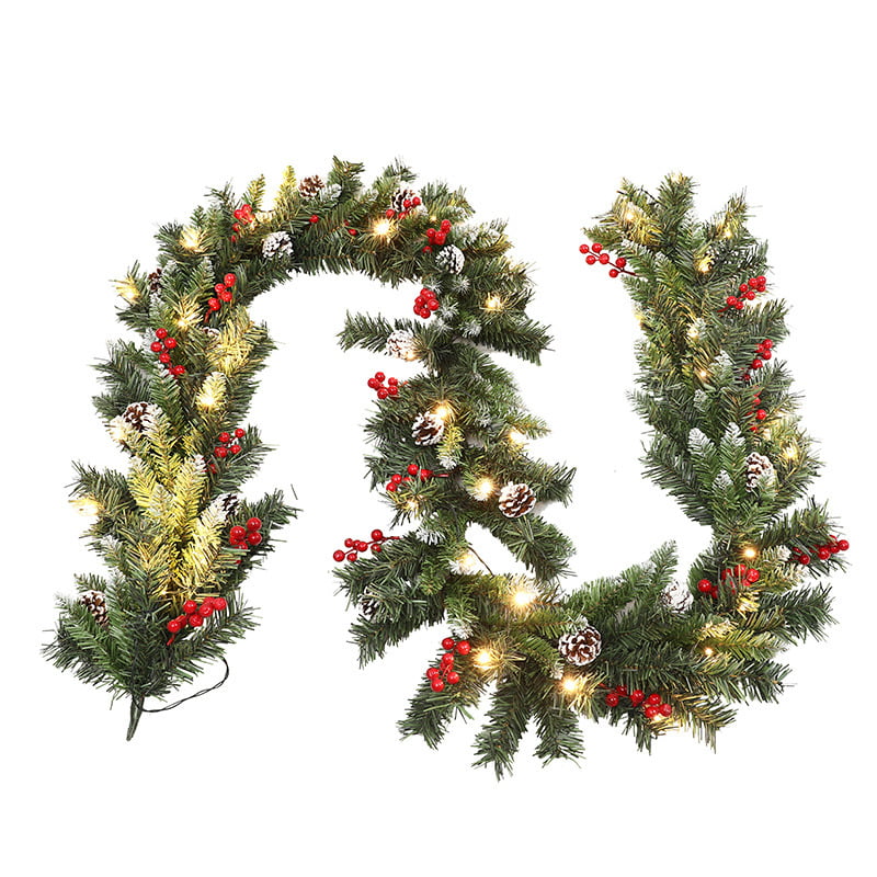 Christmas Garland,Christmas Garland Lights,Lighted Wreaths Light Battery Operated,Pinecones Red Berries,Christmas Decor 9ft, Size: One size, Green