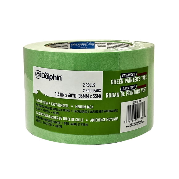 Blue Dolphin 14 Day Enhanced Green Painter's Tape 1.41" x 60yd (36mm x 54.8m) 2 pack