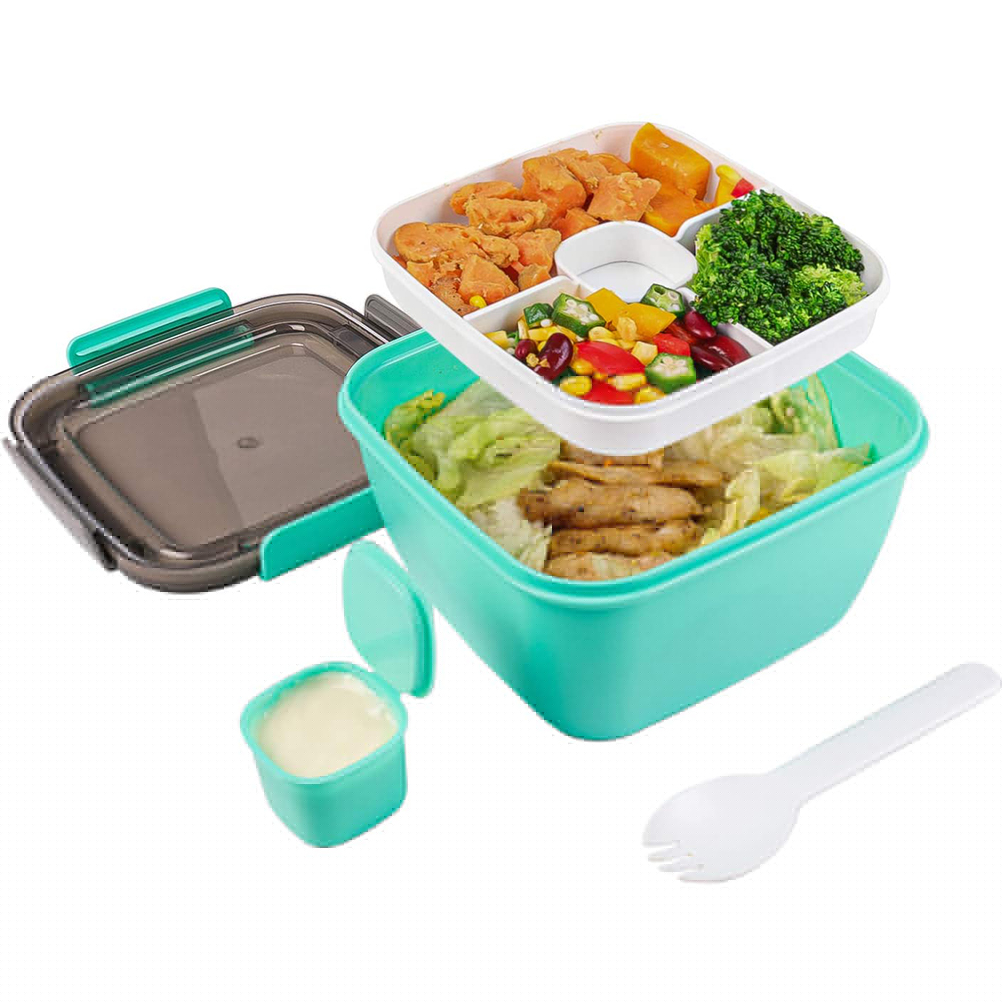 thumbnail image 1 of Recipiente para almuerzo para ensaladas, ensaladera grande con bandeja extraíble estilo Bento de 4 compartimentos y recipiente para salsa, 1 of 8