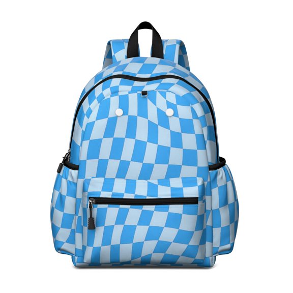 Blue Wavy Checkered Pattern Backpack for School, Cute School Bag with Adjustable Shoulder Straps and Padded Back, 13.4"x11"x4.7"