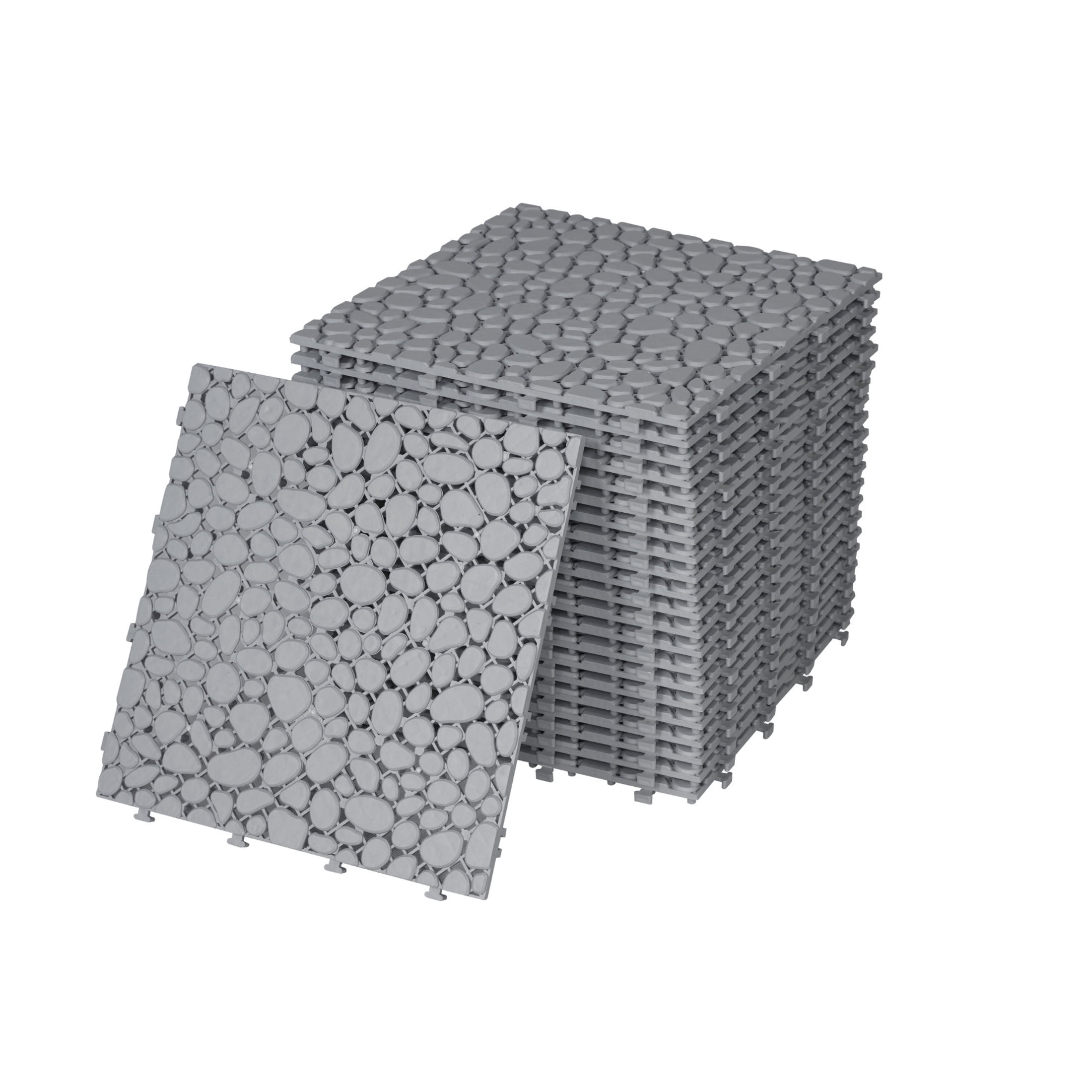 Noble House 12" Pebble Plastic Interlocking Deck Tiles, Waterproof Anti-Slip Outdoor Flooring, Gray, 60 PCS