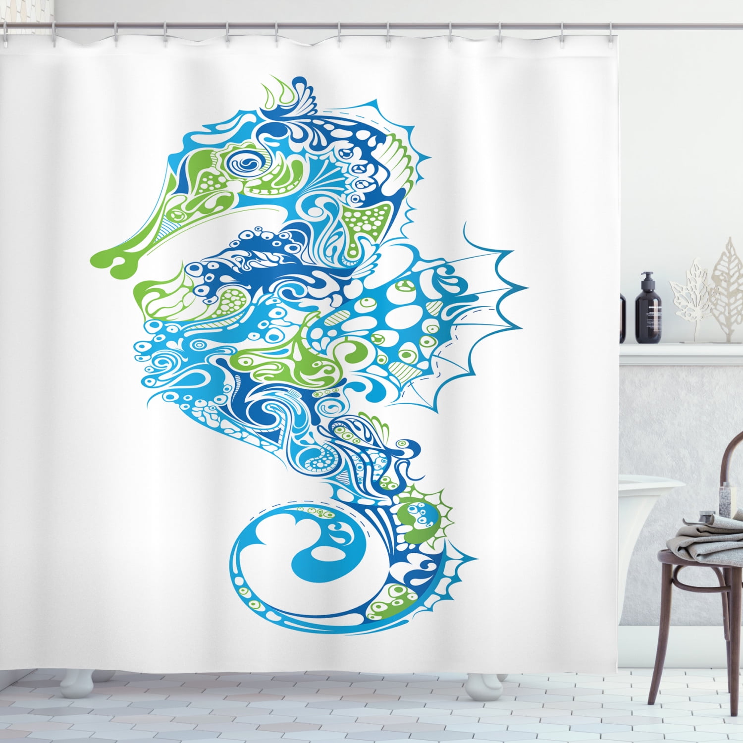 Seahorse Shower Curtain, Seahorse Design with Abstract Curvy and Wavy