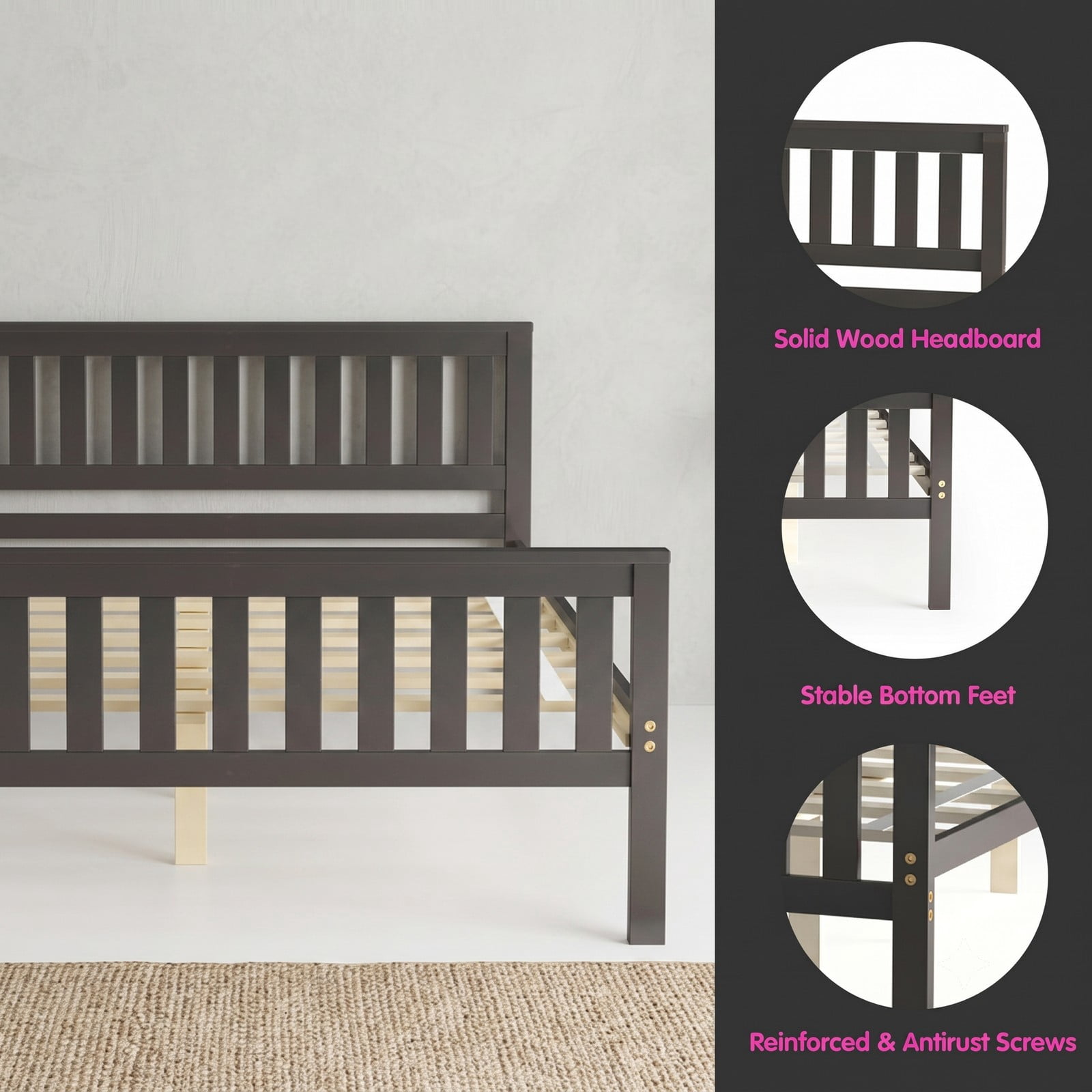 Furnibear Full Size Bed Frame with Panel Headboard and Footboard, Wood Platform Bed Frame with Under Bed Storage, Espresso