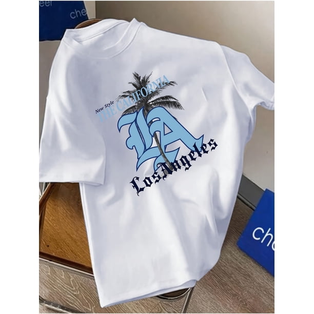 California LA Letter & Palm Tree Print Casual Crew Neck T-Shirt - Cotton, Slight Stretch, Geometric-Pattern, Knit Fabric