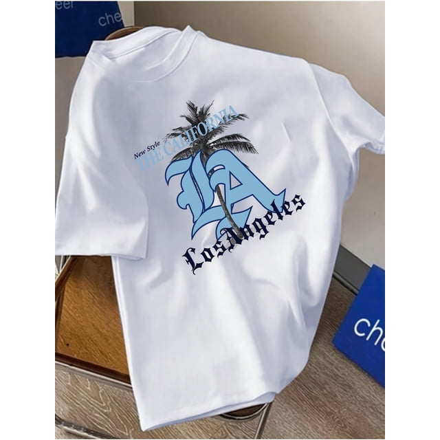 California LA Letter & Palm Tree Print Casual Crew Neck T-Shirt - Cotton, Slight Stretch, Geometric-Pattern, Knit Fabric