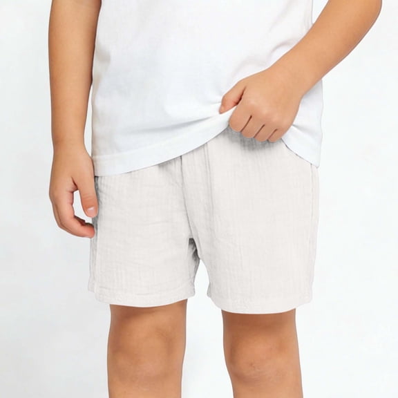 CQONEPT Summer Shorts for Boys and Girls Elastic Waist Casual Breathable Fabric Cotton Solid Linen Pant White 1-2 Years