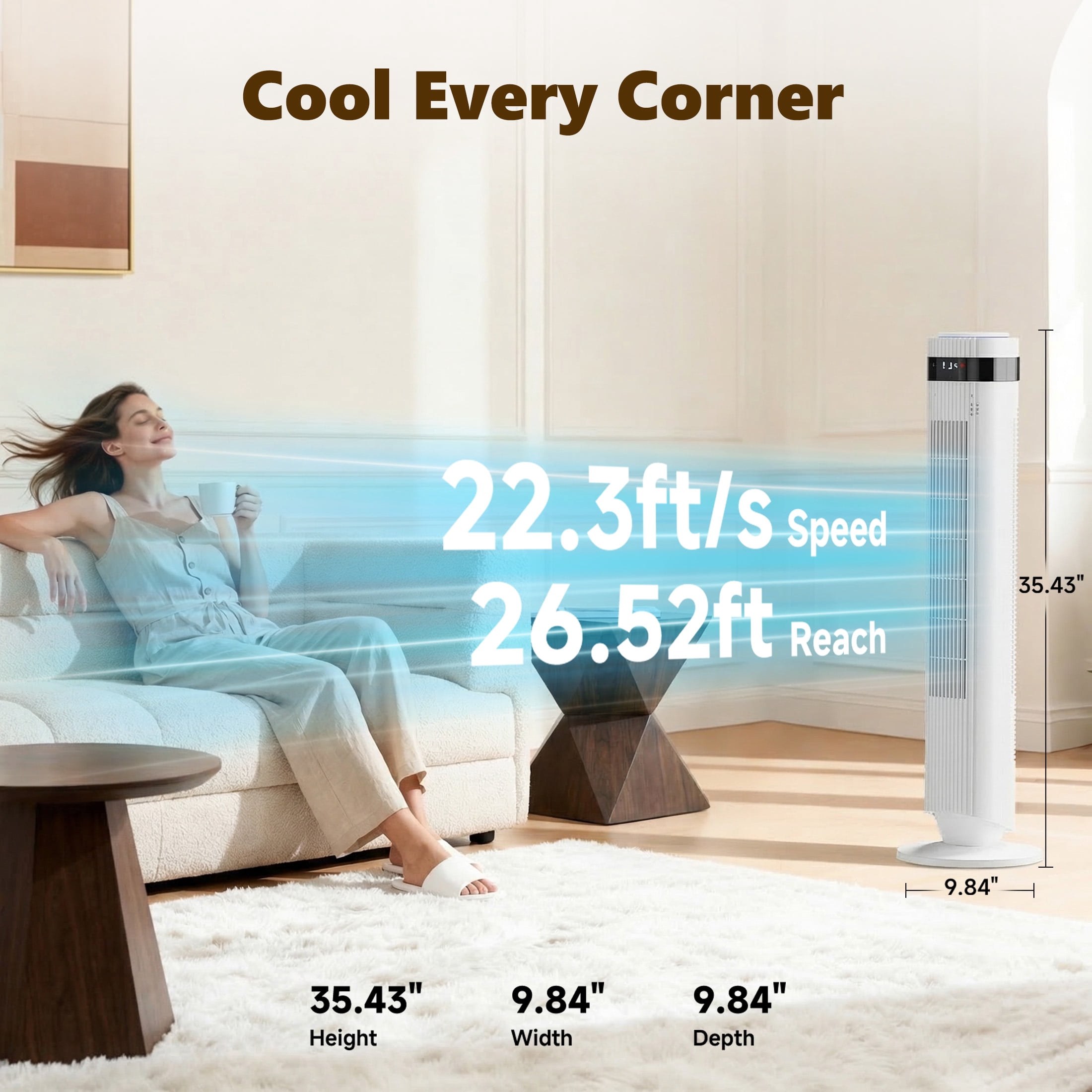 SHOUFTW 36 inch Tower Fan with Remote Control, Oscillating Bladeless Floor Fan, 5 Speeds and 4 Modes for Bedroom Home and Office, White