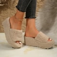 thumbnail image 5 of Xfvqtps Wedge Sandals for Women Fuzzy Open Toe Thick Sole Solid Color Casual Slide Sandals Khaki, 5 of 9