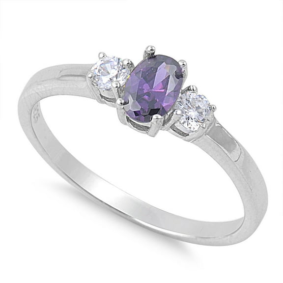 Three Stones Center Oval Simulated Amethyst Cubic Zirconia Ring Sterling Silver 925