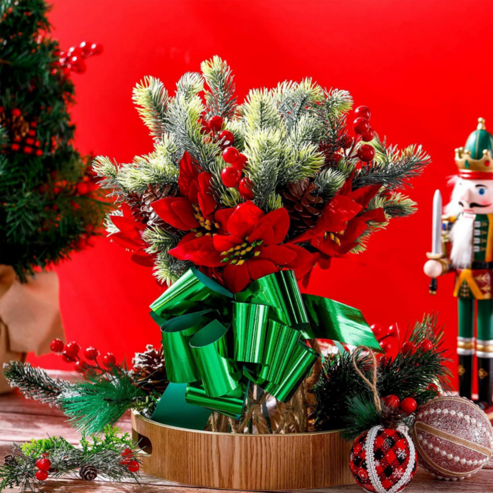 13.7 Inch Red Poinsettia Artificial Christmas Flowers Bouquet with Pine Cone Red Berry Pine Needle Artificial Plants Christmas Decor for Craft Xmas Tree Garland Home Indoor Outdoor 8 pack