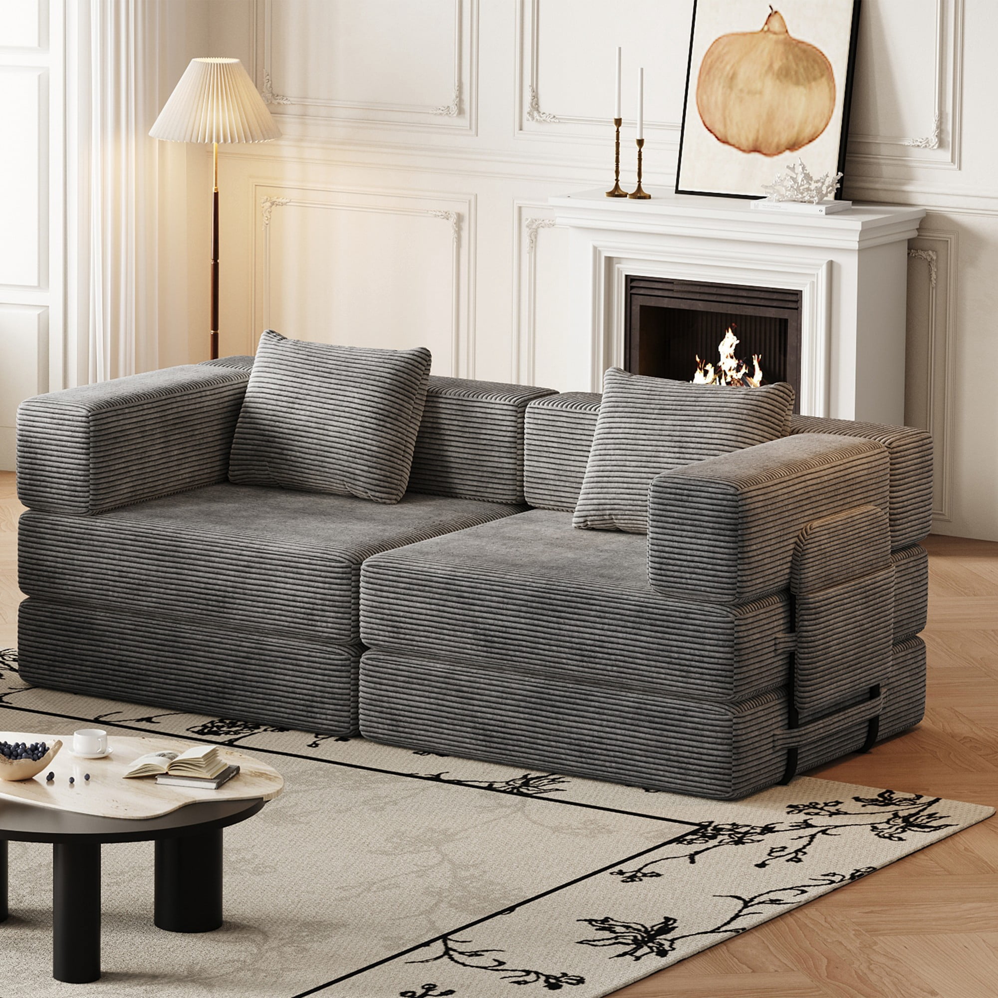 72" Convertible Corduroy Sofa Bed,Folding Sleeper Couch with Two Side Storage Pockets & Two Cushions for Living Room,Bedroom,Grey