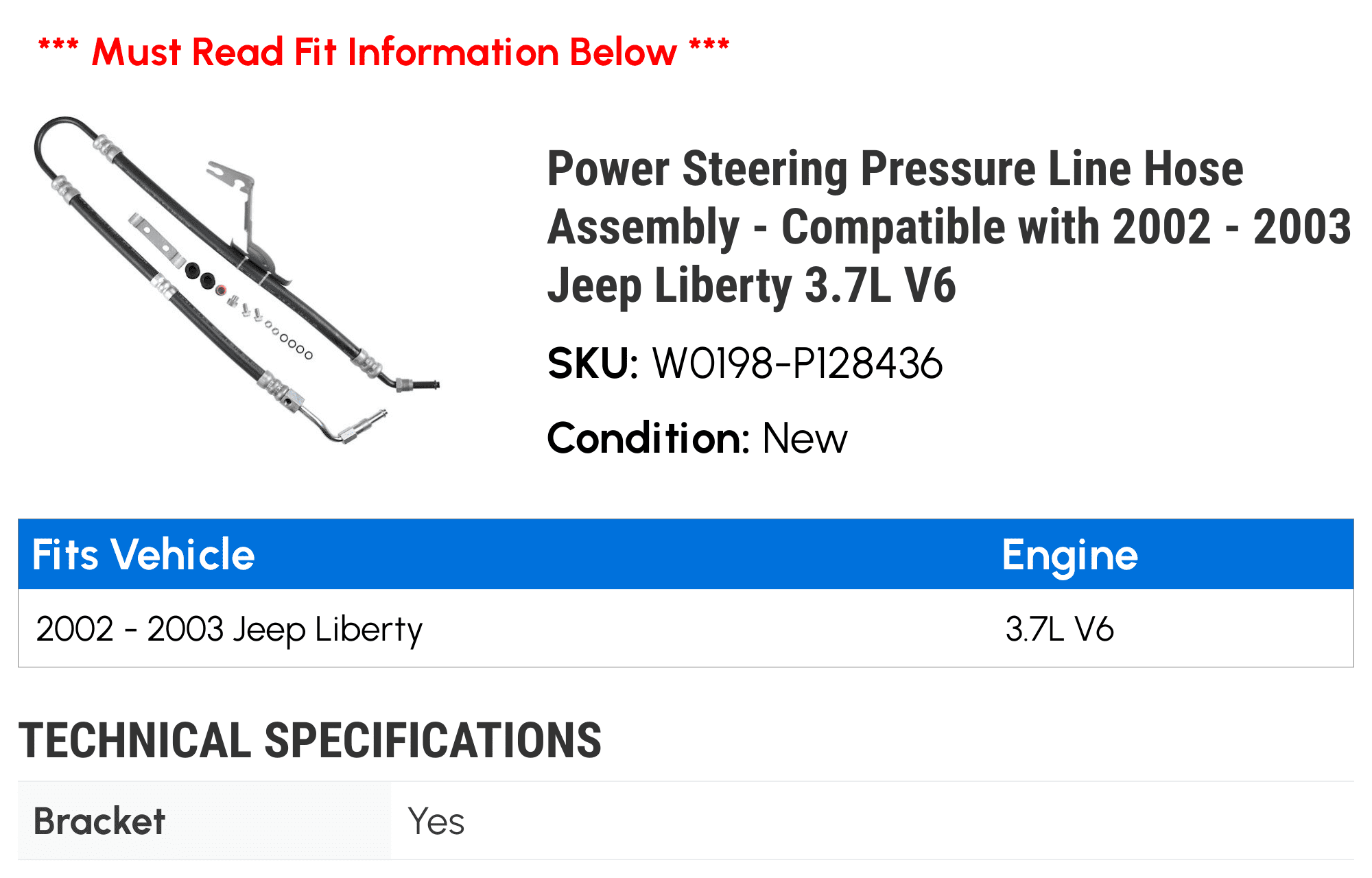 Power Steering Pressure Line Hose Assembly - Compatible with 2002 - 2003 Jeep Liberty 3.7L V6
