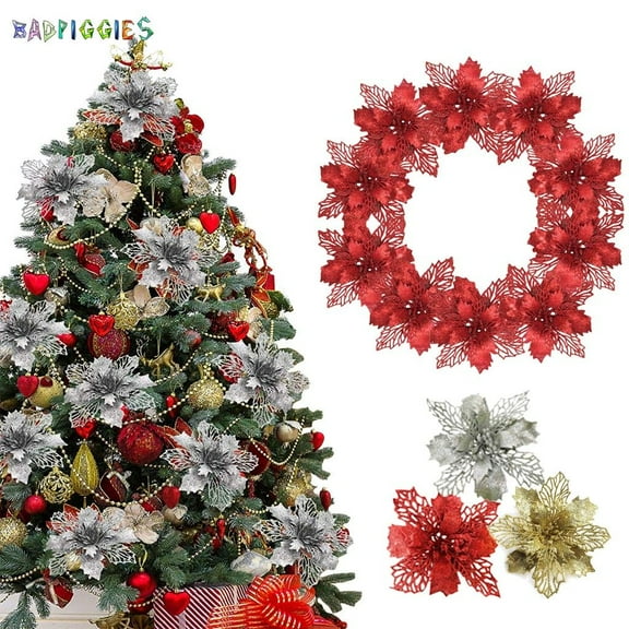 BadPiggies 12Pcs Christmas Glitter Poinsettia Flowers Tree Hanging Ornaments Festival Xmas Décor