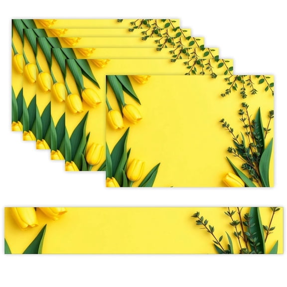 7 Piece Linen Table Runner and Placemats Set, Lemon Floral Frame Round Corner Heat Resistant Washable Table Mats for Home Kitchen Dining Party Decoration