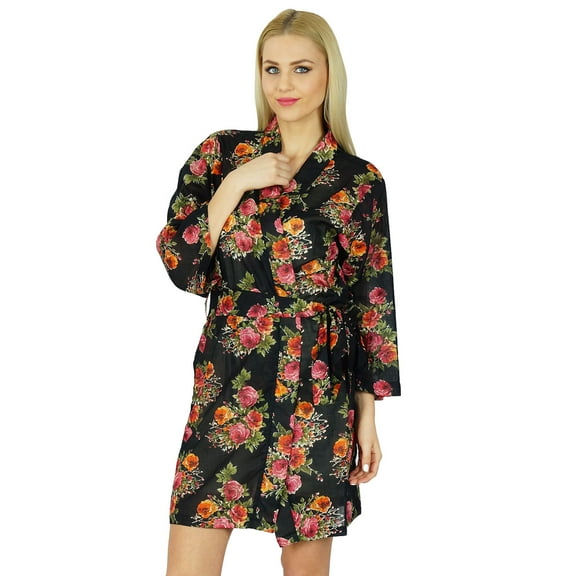 Bimba Women Floral Black Robe Short Cotton Getting Ready Bridesmaid Robes