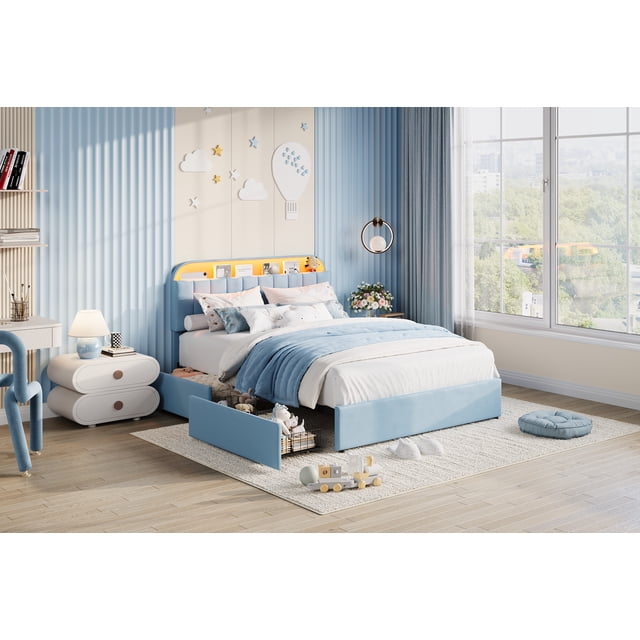 Bed Frame with Storage Headboard, Kids Bed Frame with 2 Drawers, Velvet Upholstered Platform Bed Frame with Lights, No Box Spring Needed, Easy Assembly