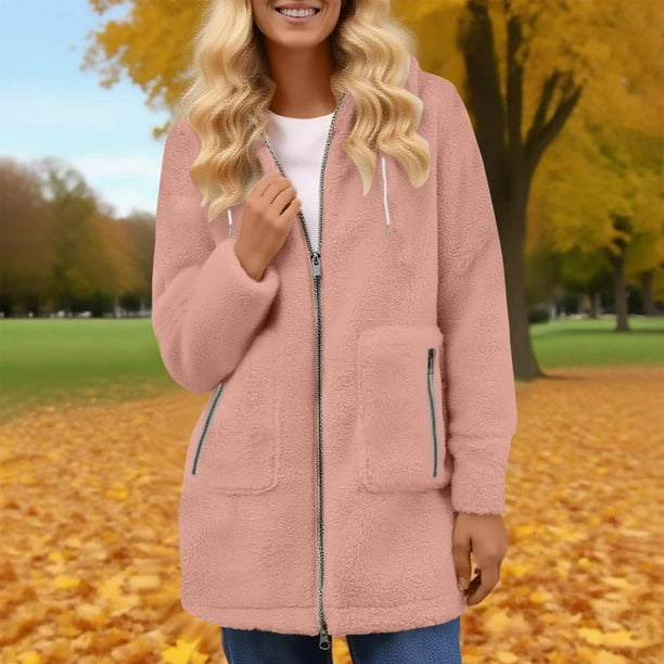 HongQid Women's Fuzzy Fleece Jacket Full Zip Up Lightweight Warm Soft Fleece Coat with Hood for Spring Fall Winter