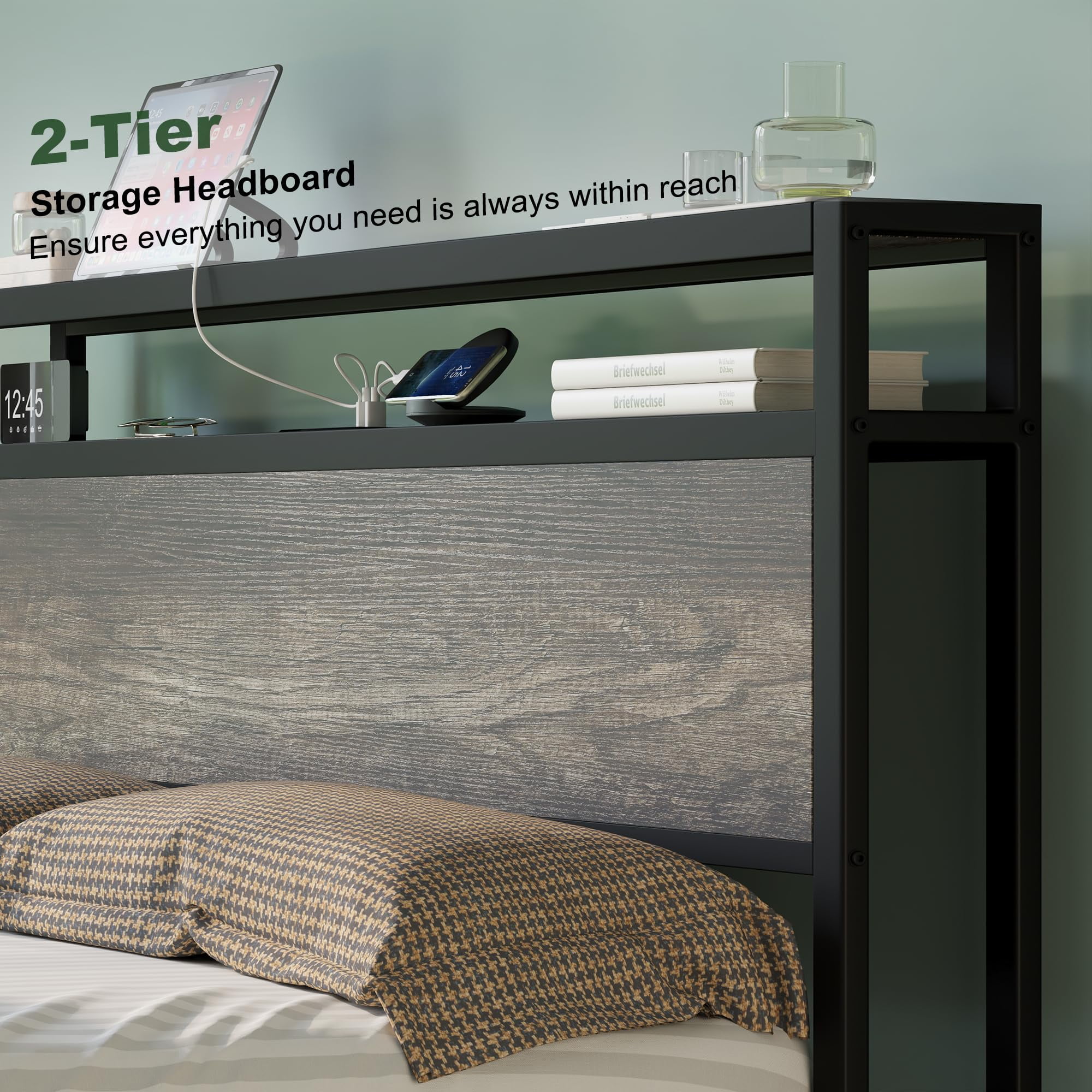 VanAcc Queen Size Bed Frame with 2-Tier Metal Storage Headboard and Charging Station, Rustic Grey