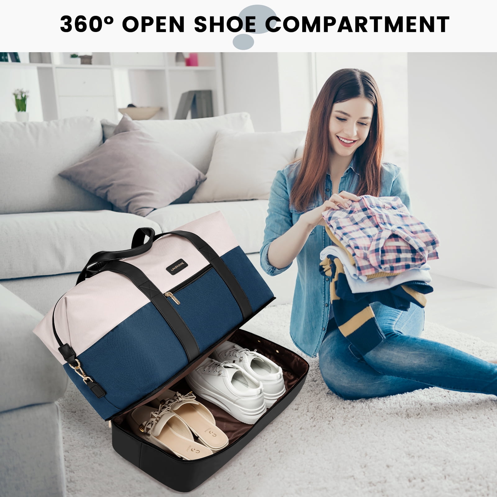 Lovevook Travel Duffel Bag for Women, Large Weekender Overnight Bag, Carry-on Gym Bag with Separate Shoes Compartment, Mom Hospital Bags for Labor and Delivery with 2 Packing Cubes