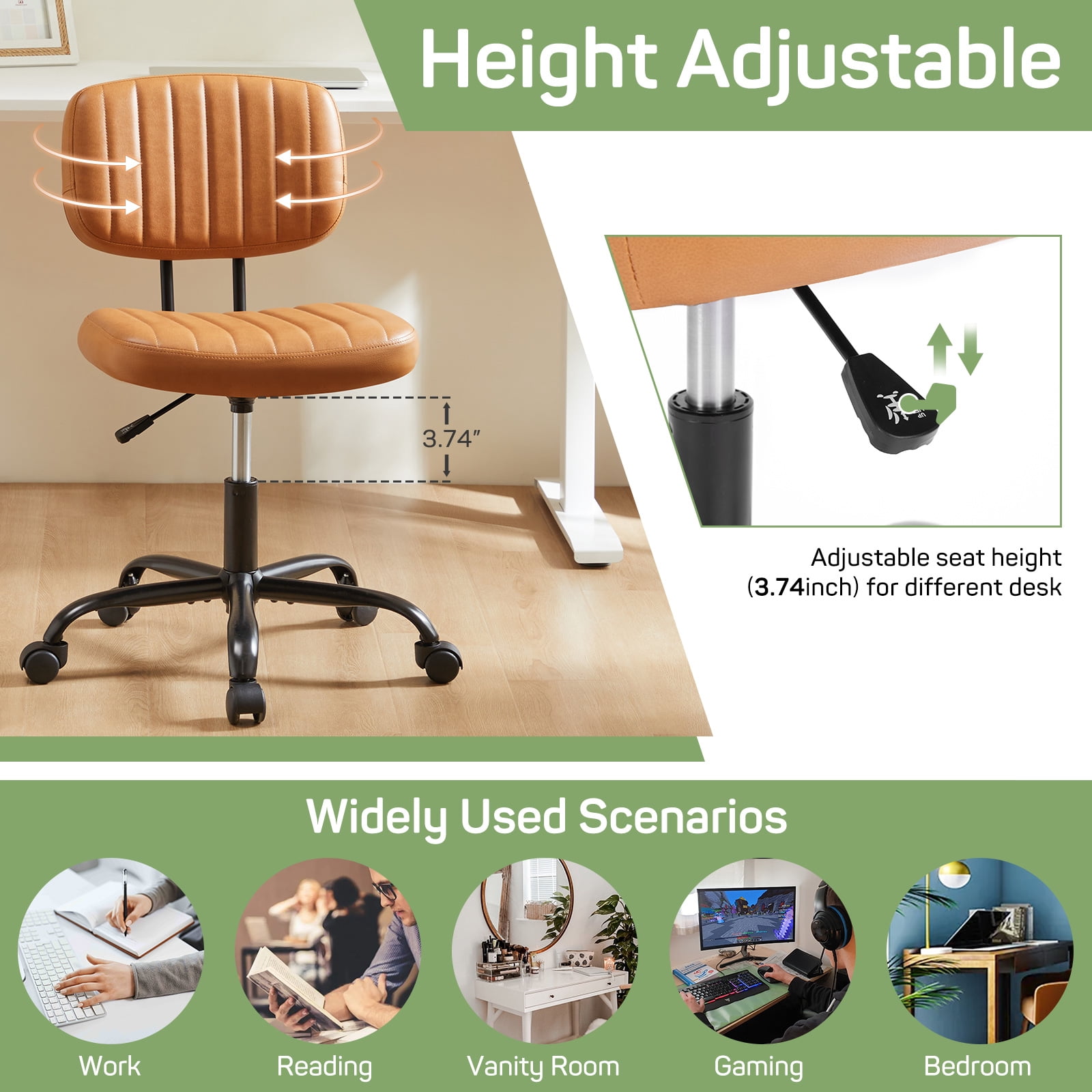 Aidoly Office Desk Chair, Armless Computer Chair with Lumbar Support, PU Leather Low Back Adjustable Height 360° Rolling Swivel Task Chair, Orange