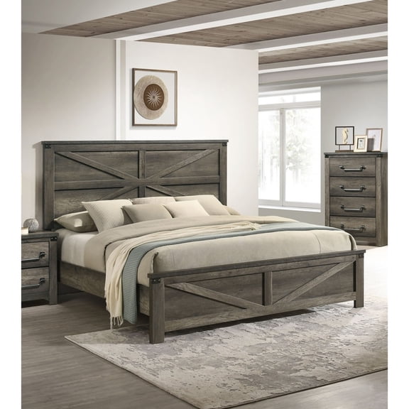 Miekor Furniture Rustic Gray 1pc King Size Bed Unique Design Headboard Simple Wooden Bedroom Furniture Metal Accents 67853