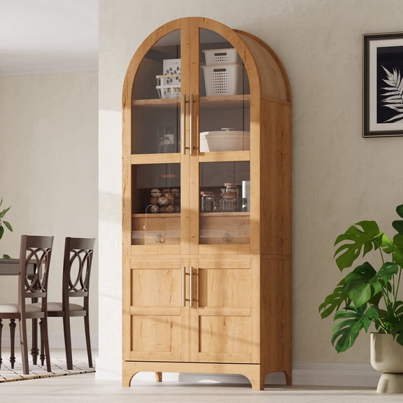 HSUNNS 71" Tall Kitchen Pantry Cabinet with Arched Glass Doors and Adjustable Shelves, Freestanding Modern Farmhouse Hutch Cupboard, Wooden Storage Cabinets for Kitchen Dining Room, Natrual