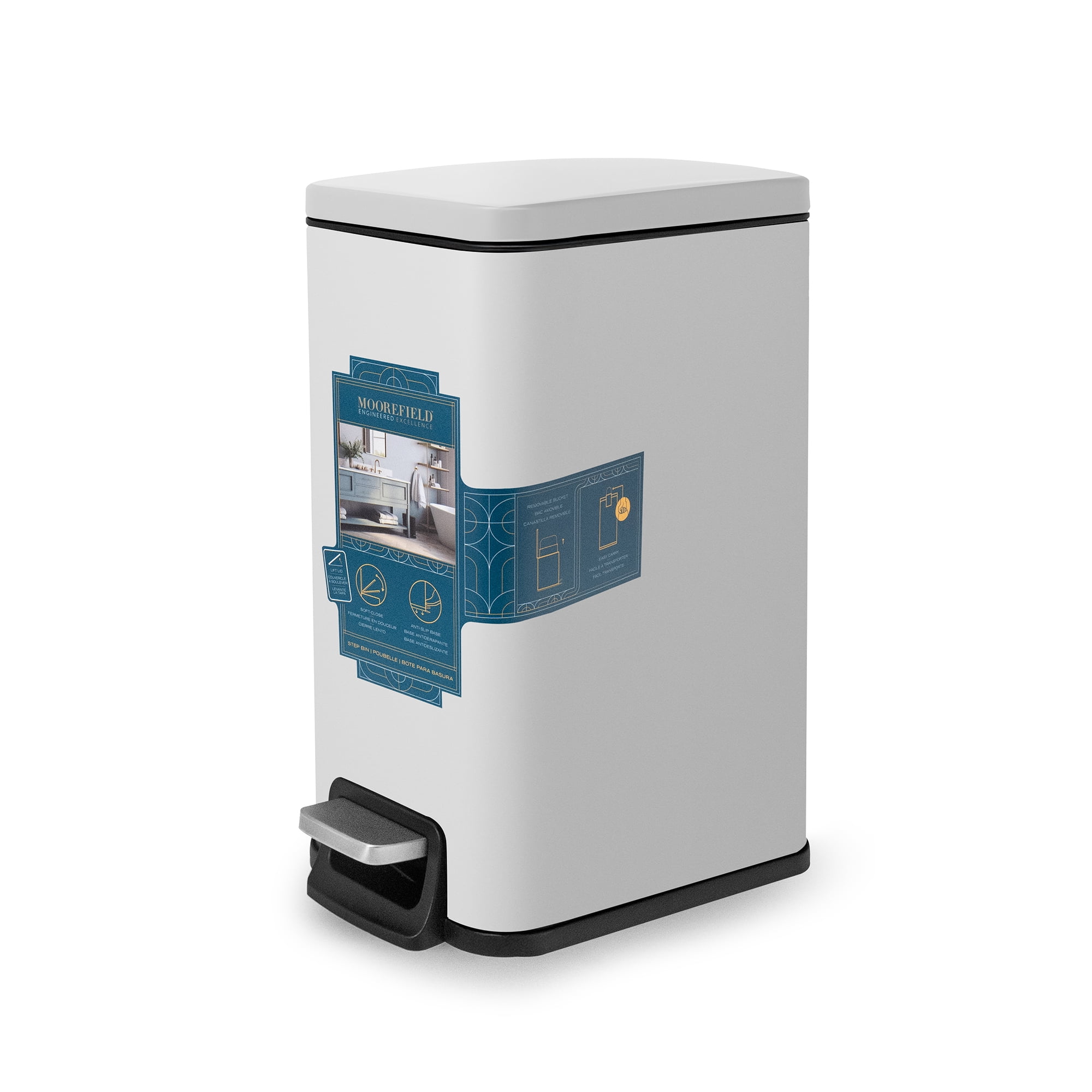 Moorefield Forte Slim Rectangular Step Trash Can, 1.6 Gallon Compact Bathroom Waste Bin with Soft Close Lid and Removable Inner Bucket, Matte White