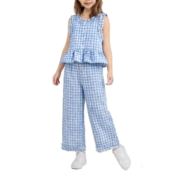 hengsof Girls Sweet Plaid Ruffle Decorative Ruffle Button Sleeveless Vest Elastic Waist Pants Summer Suit 2 Piece Set