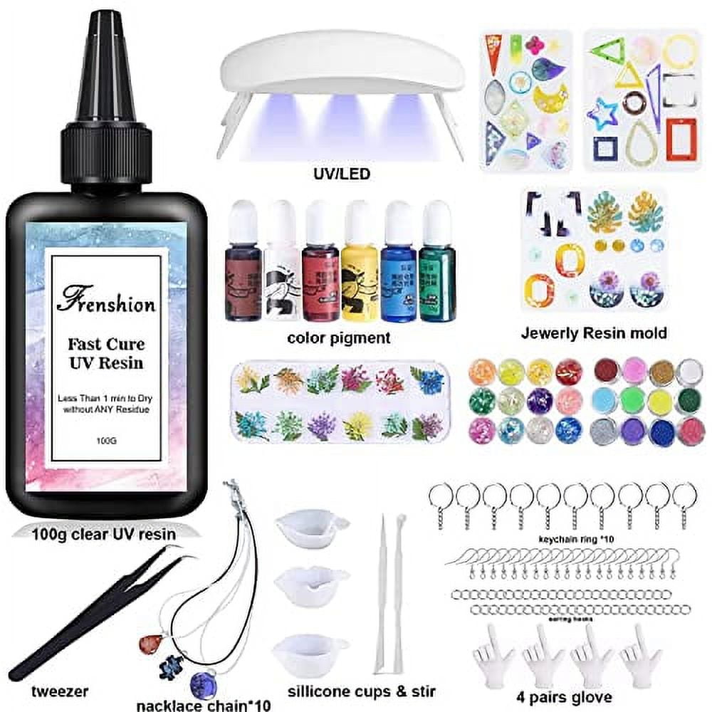 UV Resin Kit with Light,191Pcs Resin Jewelry Making Kit with 100g Fast Cure Clear Hard Low Odor UV Resin, Color Pigment, Resin Accessories, UV Resin Starter Kit for Jewelry Earrings Necklace Bracelet