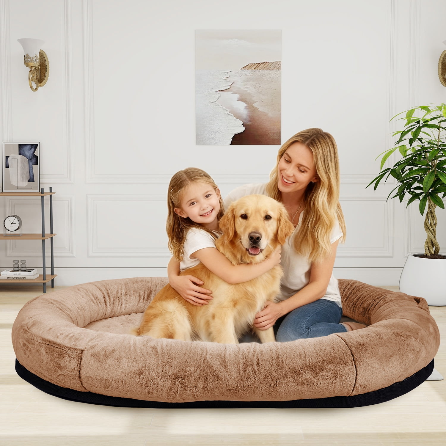 Hidpriva Human Dog Bed for Adults, 71" Extra Large Human-Sized Dog Bed, Washable Faux Fur with Blanket and Pillow,Dark Brown