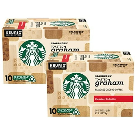 Starbucks Flavored Ground Coffee K-Cup Pods, Toasted Graham, Signature Collection, 100% Arabica Coffee, Recyclable K-Cup, 10 Ct K-Cup Pods/Box (Pack Of 2 Boxes)
