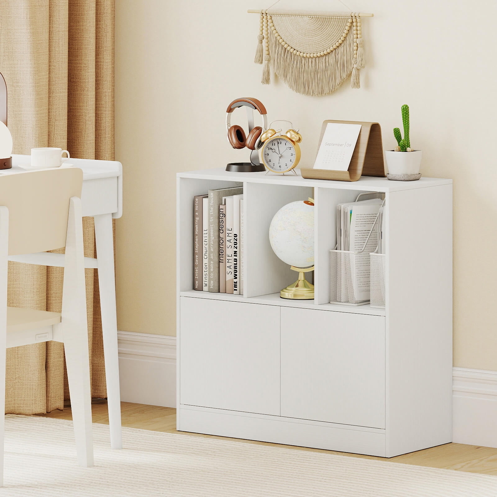 Costway 2 PCS Cube Bookcase with Doors, Open Compartments & Cabinet, Modern Display Shelf White