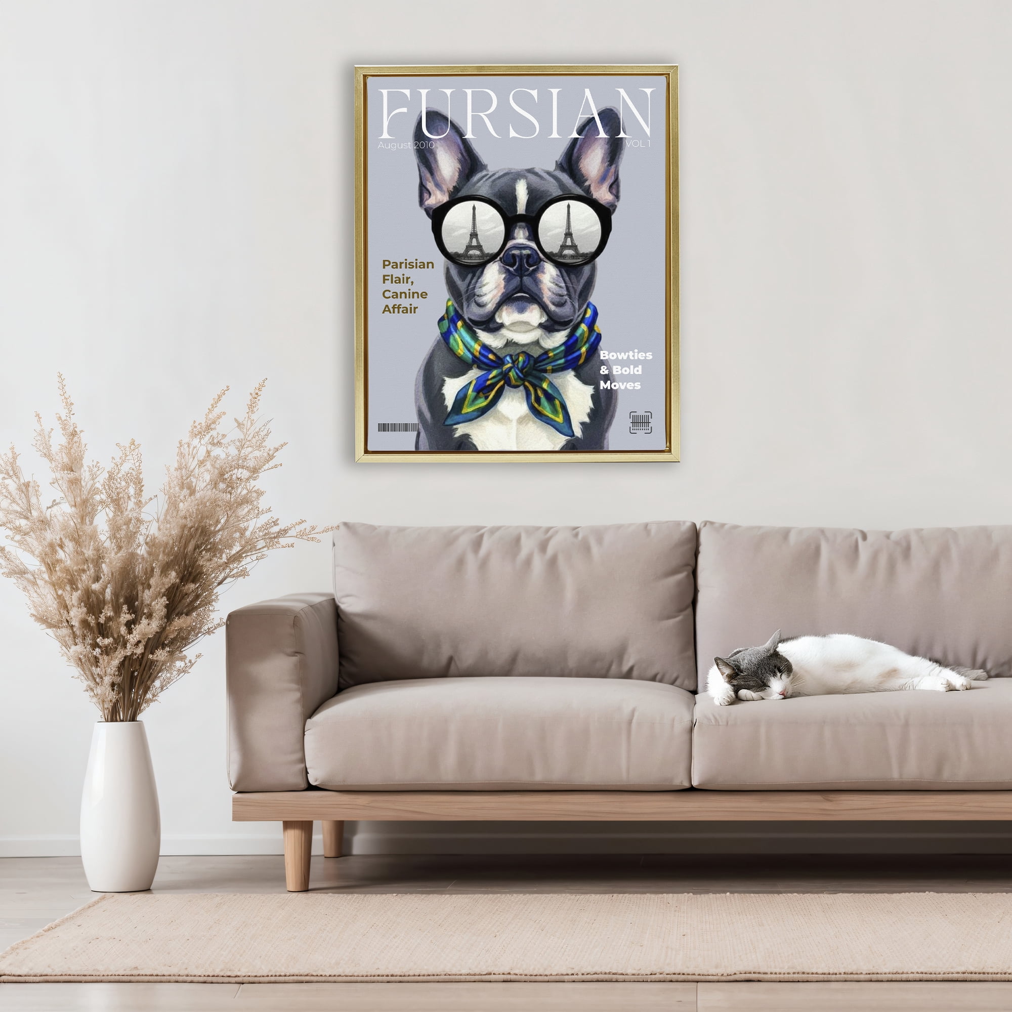 Stupell Industries Fursian Dog Fashion Magazine Gold Framed Floater Canvas Wall Art, design by A Barefoot Stylist
