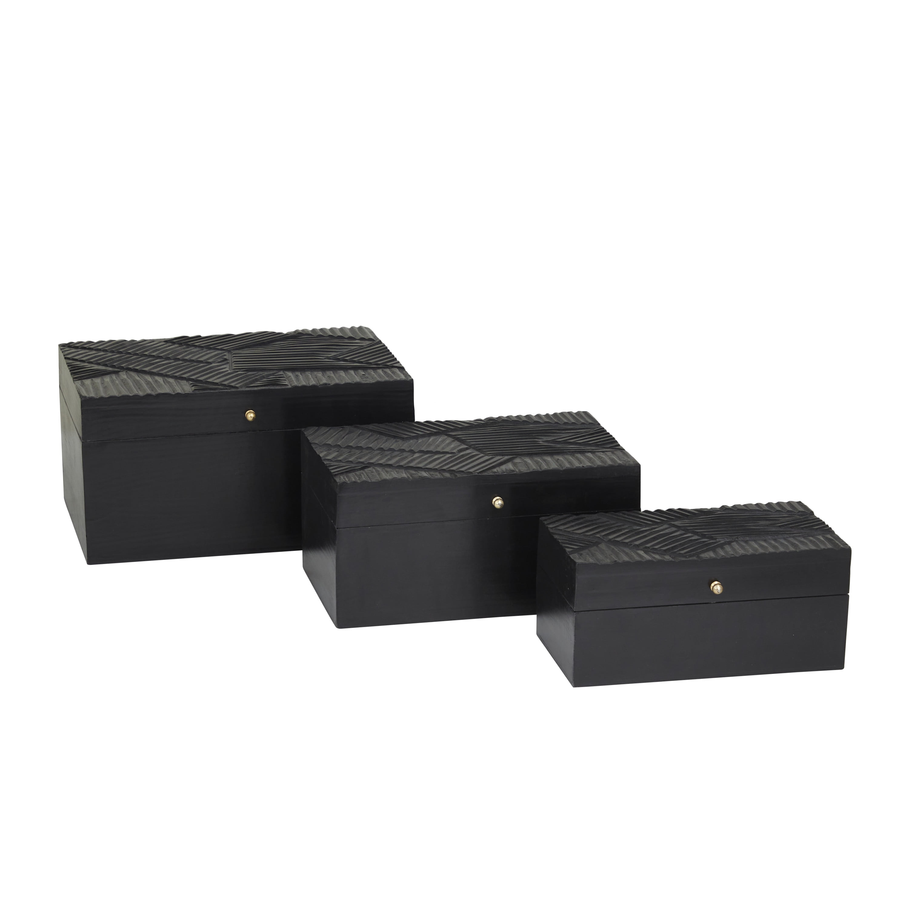 DecMode Intricate Carved Black Wood Decorative Box with Hinged Lid, 3 Count