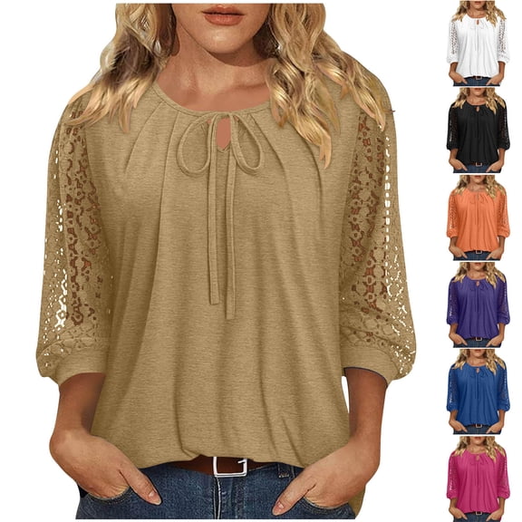 ClodeEU Women's Lace Patchwork 3/4 Sleeve Crewneck Top ,Solid Color Casual Spring Summer Blouse Black,Women's Plus L