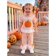thumbnail image 5 of RUINIXCW Toddler Baby Girl Halloween Outfit Infant Baby Girl Summer Fall Clothes Cute Pumpkin Ghost Embroidery Short Sleeve Plaid Shirt Tops Flared Pants Set, 5 of 9