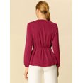 thumbnail image 4 of Allegra K Blusa Básico Top Túnica Cuello Redondo Plisado Cintura Con Cinturón Manga Larga Obispo Para Mujeres Rojo Vino L, 4 of 6