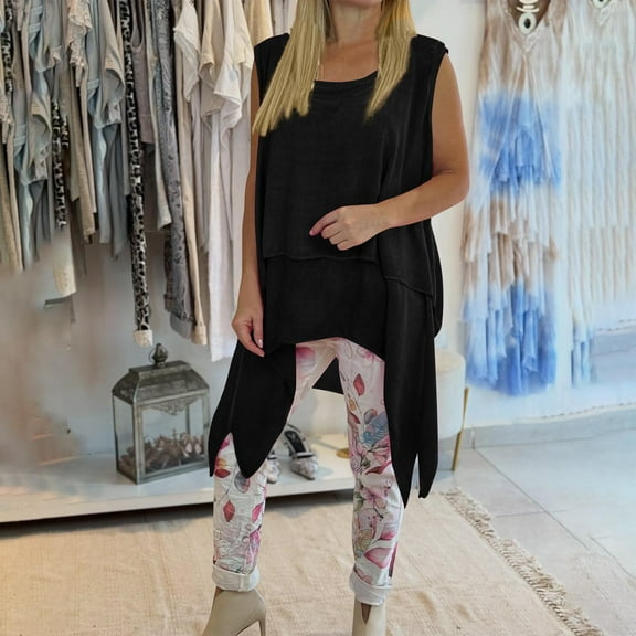 Xixinqiwan Tank Tops for Women,Women Summer Casual Sleeveless Tops Crew Neck Flowy Long Tops Cover Ups Loose Fit Tunic Blouse with Leggings