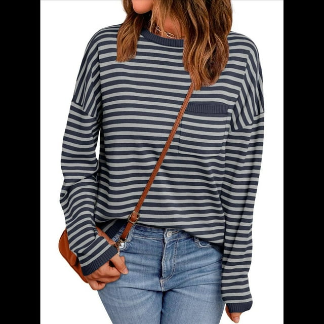 Suéter de Punto Suave A Rayas para Mujer, Camisa Holgada con Bolsillo en el Pecho. Azul Profundo L