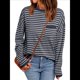 thumbnail image 1 of Suéter de Punto Suave A Rayas para Mujer, Camisa Holgada con Bolsillo en el Pecho. Azul Profundo L, 1 of 5