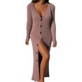 thumbnail image 2 of Robe Chandail Longue en Tricot à Col en V Profond pour Femmes avec Boutons, Manches Longues, Robe Maxi, 2 of 6