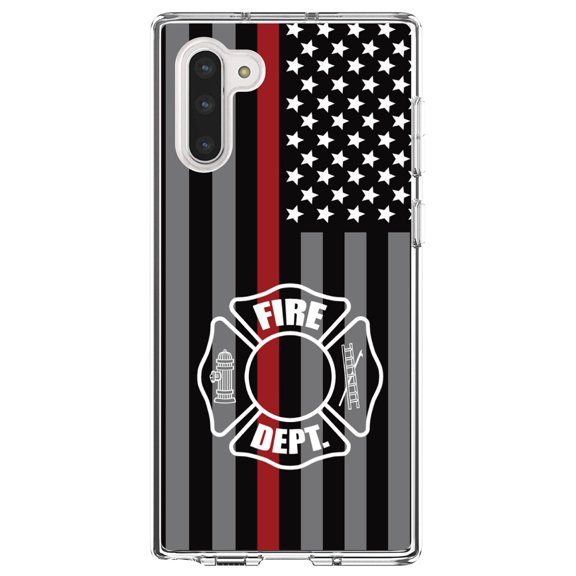 DistinctInk Clear Shockproof Hybrid Case for Samsung Galaxy Note 10 (6.3" Screen) - TPU Bumper, Acrylic Back, Tempered Glass Screen Protector - FD Thin Red Line Maltese Cross - First Responders