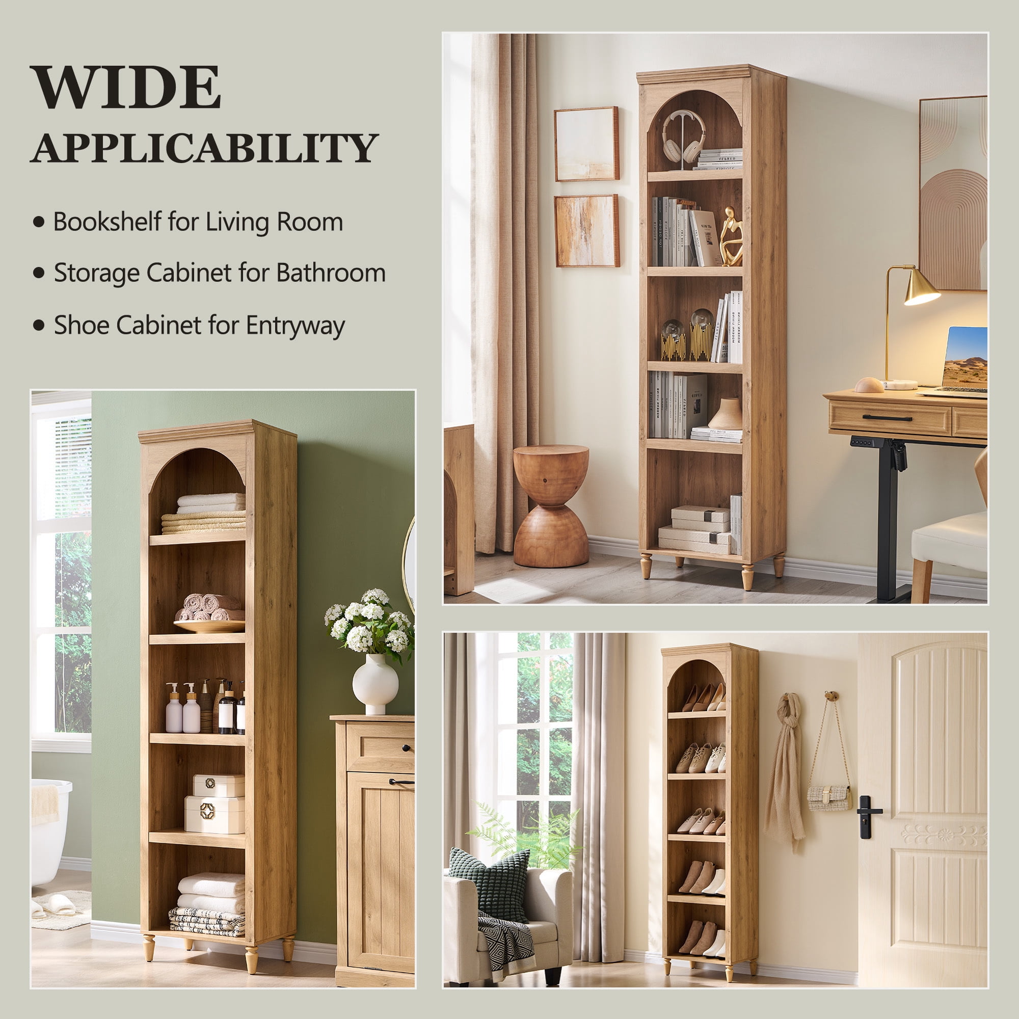 SinCiDo Tall Arched Bookcase, 5-Tier Narrow Bookshelf with Open Display Shelves for Living Room, Natural