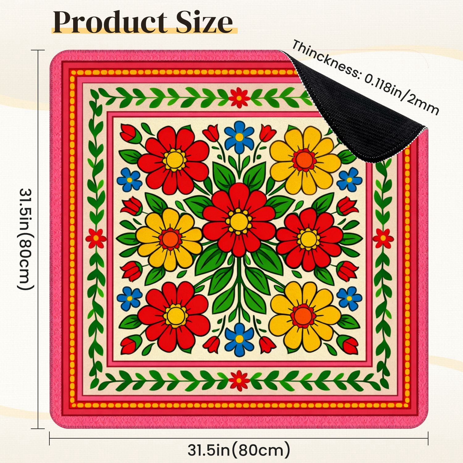 Mahjong Mat 31.5" x 31.5" Colorful Floral Red Yellow Blue Flowers Non-Slip Noise Reduction Mahjong Tiles Table Cover for Dominoes Poker Card Board and Tile Games