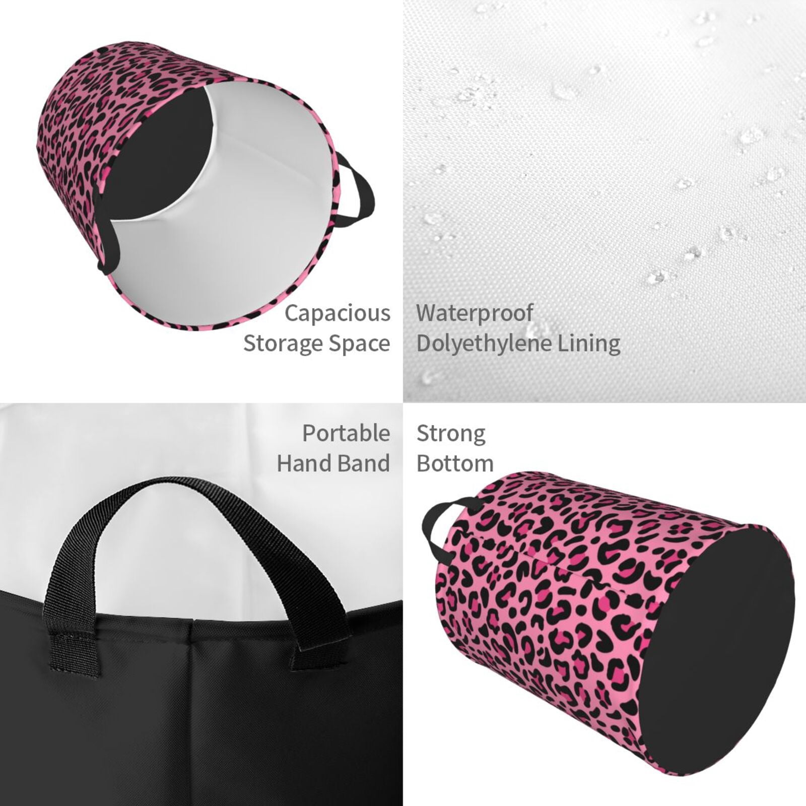 Large Laundry Basket with Handles - pink cute Leopard print Kids Baby Dirty Clothes Laundry Hamper for Bedroom Aesthetic