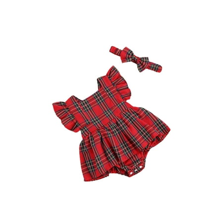 

Fiomva Christmas Baby Girls Plaid Print Ruffle Sleeve Bow Back Playsuit