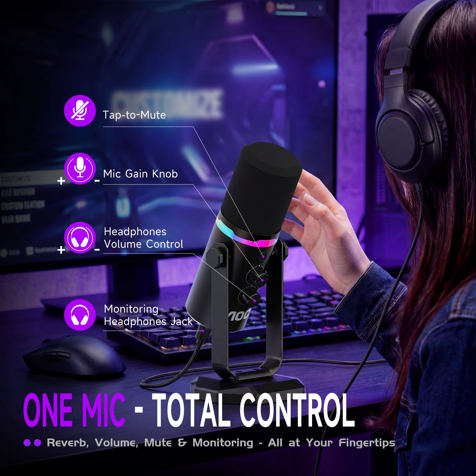 AOC USB/XLR Dynamic Microphone for Podcast Recording, PC Computer Gaming Streaming Mic with RGB Light, Mute Button, Headphones Jack, Desktop Stand, Vocal Mic for Singing YouTube, Black